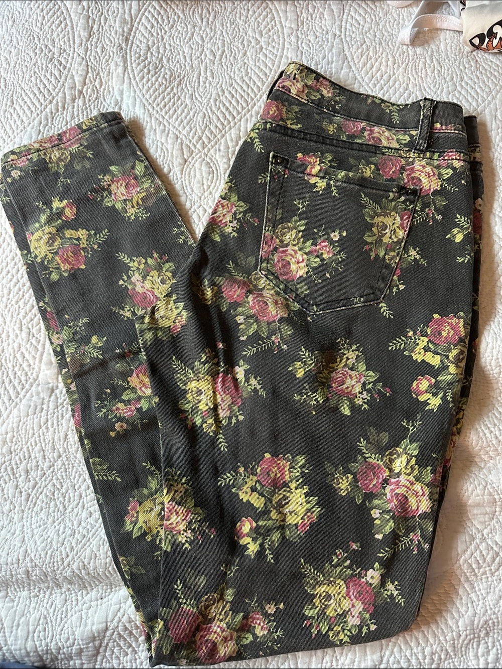 Forever 21 Black Skinny Jeans with Pink & Green Floral Print